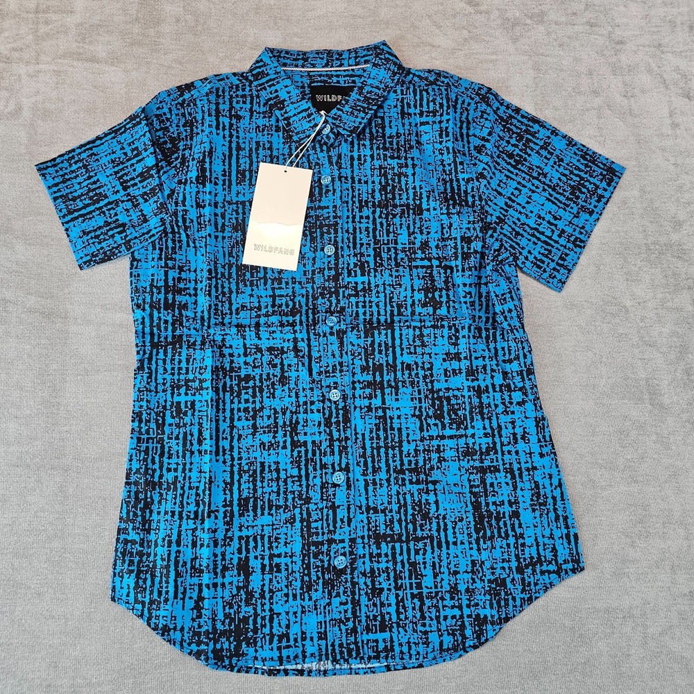 Wildfang Essential Button Up Shirt Womens S Blue Weave Abstract Short Sleeve uni